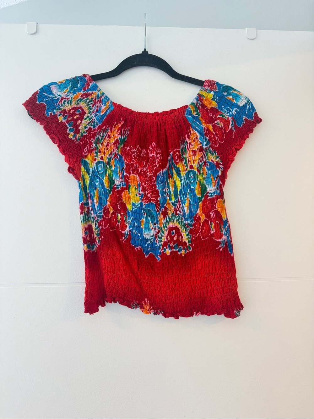 Vintage Smocked Floral Off-Shoulder Peasant Top Red Multicolor Size Small